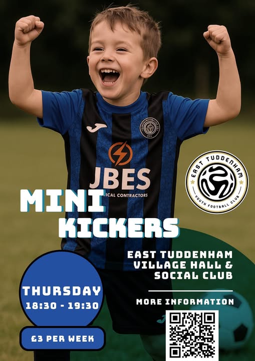 May be an image of 1 person, playing football, playing American football and text that says "S JBES MINI ICAL CONTRACTORS KICKERS CSIST ی ណ HOUTH FOOTBALL CLUB EAST TUDDENHAM VILLAGE HALL& & SOCIAL CLUB THURSDAY 18:30-19:30 18:30- 19:30 MORE INFORMATION €3 PER WEEK"